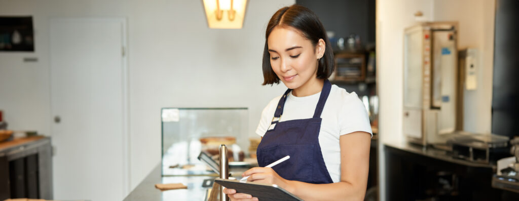 Home Smiling Cute Barista Girl Korean Woman Working Cafe Using Tablet Process Order Making Coffee 1024x397
